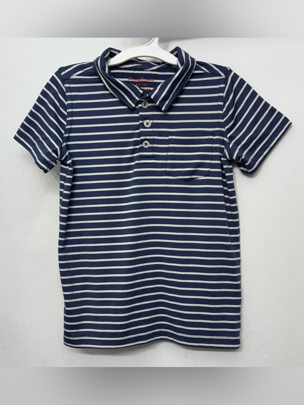 Tommy Bahama Active White & Blue Striped Short Sleeve Polo Boys Size Small 5/6
